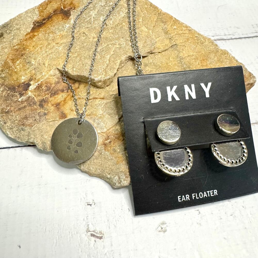 Stainless Steel Botanical Disc Necklace & DKNY Ear Floater Ear Rings Silver Tone
